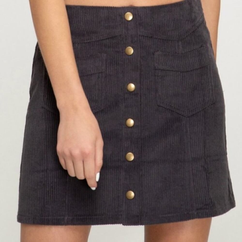 SHE + SKY | Slate Gray Corduroy Mini Skirt | Front Snaps | Size Large | EUC